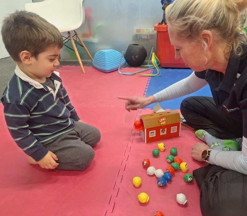 Little Achievers occupational therapist playing a toy barn game with a young boy